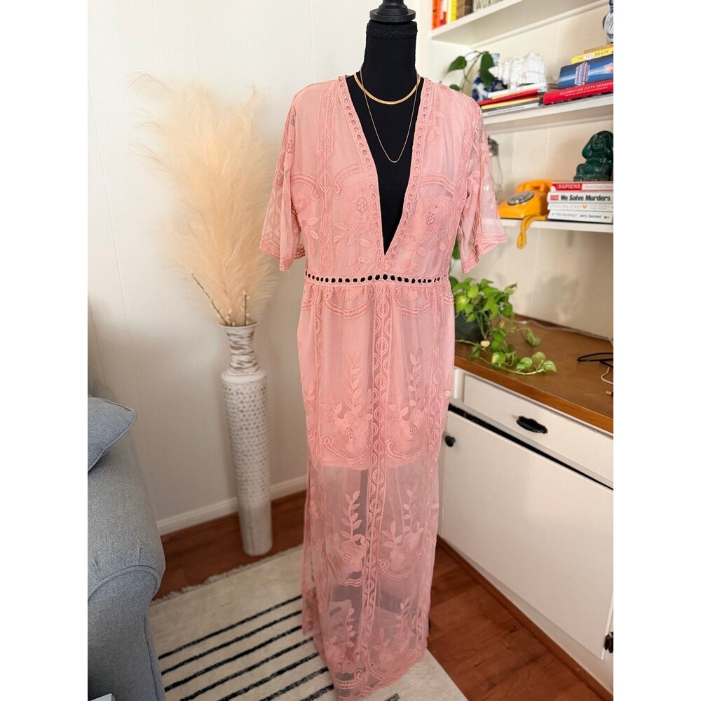 Blush Pink Lace Romper Maxi Dress Deep V Neck Floral XL - ELETER